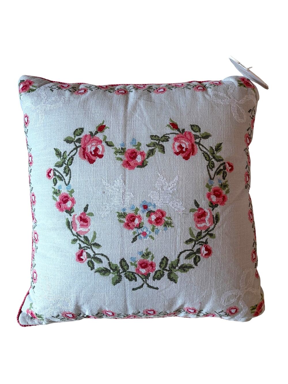 Envogue Needlepoint Heart Roses Birds Pillow 20x20 Valentines Day Decor New